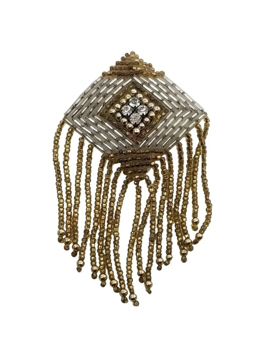 Artisan Made Vintage Beaded Rhinestone Dangling Brooch Fringe Gold Silver